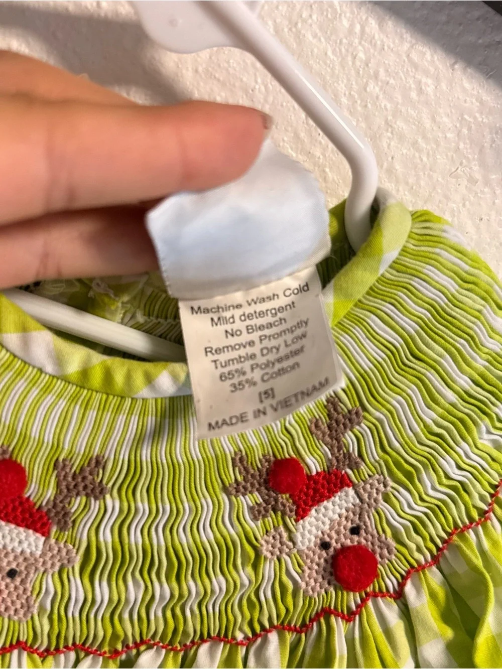 True Boutique Lime Green Gingham Smocked Girls Dress with Reindeer Accent